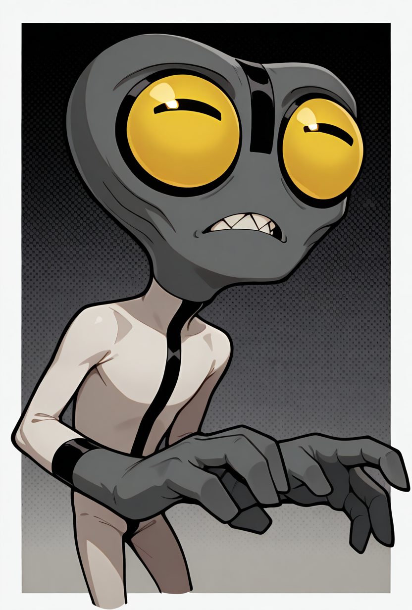 <lora:greymatter-09:1> greymatter, solo, 1boy, bodysuit, grey skin, , sharp teeth, big yellow eyes, big head, dynamic pose, small body, big hands,, masterpiece, best quality, amazing quality, very aesthetic, absurdres, newest,, upper body, halftone effect, white borders, abstract background:1.2,