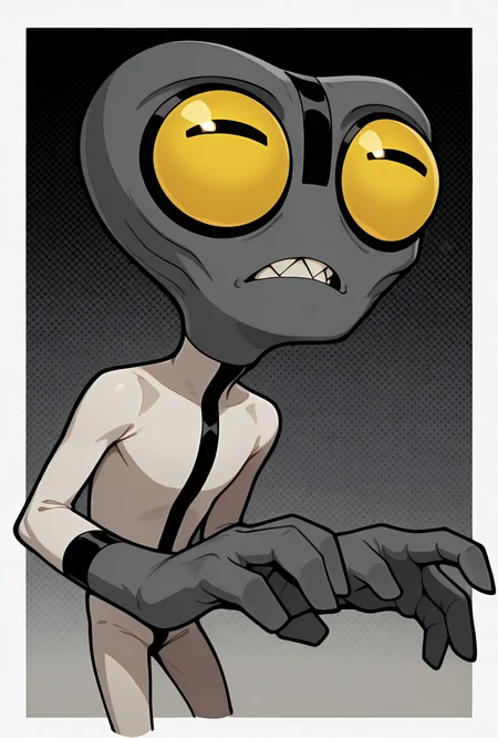 <lora:greymatter-09:1> greymatter, solo, 1boy, bodysuit, grey skin, , sharp teeth, big yellow eyes, big head, dynamic pose, small body, big hands,, masterpiece, best quality, amazing quality, very aesthetic, absurdres, newest,, upper body, halftone effect, white borders, abstract background:1.2,