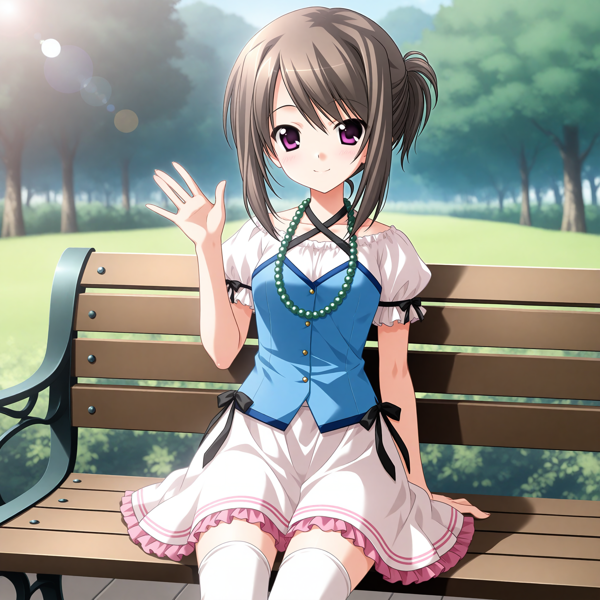 <lora:Hayama_Mizuki_1_nai-000042:1>,Hayama Mizuki,hair up,
white thighhighs,puffy short sleeves,frilled shirt,white shirt,frilled sleeves,bead necklace,blue vest,white skirt,frilled skirt,waist ribbon,black ribbon,pink frills,white frills,
1girl,solo,smile,sitting,on bench,waving,front view,looking at viewer,depth of field,lens_flare,