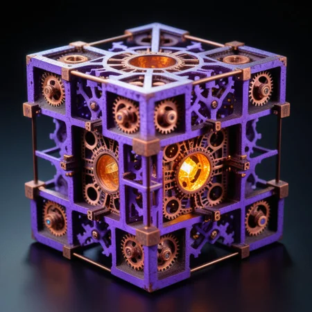 corroded cast iron termite hill cross_section menger cube, topaz, Mandelbrot set, tesseract time machines, steel and copper wiring, dodecahedron, glowing purple gears, spherical mechanism