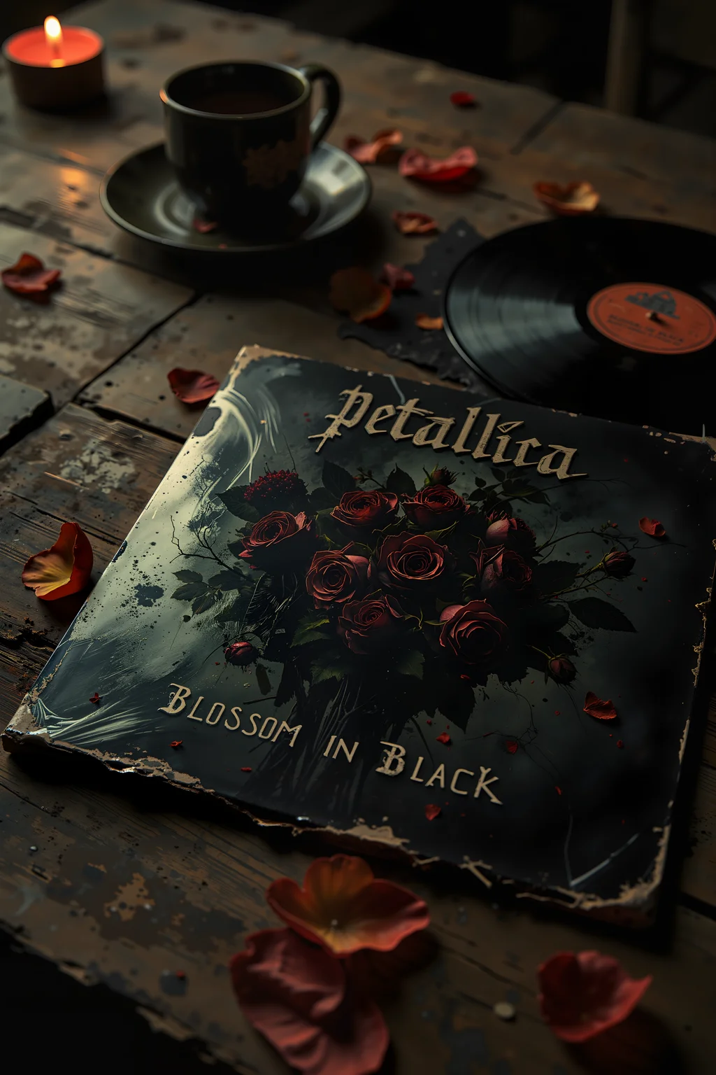 A vinyl record cover for the band Petallica rests on a weathered wooden table next to the record, its artwork featuring a dark, gothic bouquet of black roses illuminated by a single, eerie spotlight. The petals seem to drip with ink, blending into the deep, shadowy background, while thorny vines twist around the album title "Blossom in Black" in jagged, metallic lettering. The name Petallica is scrawled in bold, silver calligraphy at the top, mimicking the sharp edges of classic metal band logos. The wooden table beneath has scratches and rings from old coffee mugs, adding a sense of history and warmth to the scene. The dim lighting casts soft shadows over the record, giving it a moody, almost mystical atmosphere. A faint reflection of candlelight glimmers on the vinyl's shrink wrap, making it appear freshly unsealed. Nearby, a few stray petals and leaves rest on the wood, as if the albumâs energy has begun to take root in reality. , detailed background Fantastic lighting. Detailed shadows.intricate details, vivid colors, hyper-detailed, ultra-sharp, , <lora:Luminous_Shadowscape-000016:0.4><lora:black_fantasy_1.0:0.4><lora:Glitchcore_Flux:0.4><lora:- Flux1 - vanta_black_V2.0:0.4>