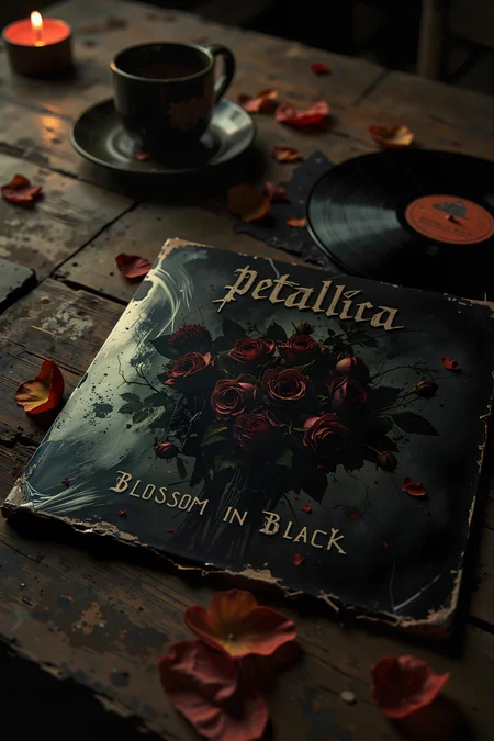 A vinyl record cover for the band Petallica rests on a weathered wooden table next to the record, its artwork featuring a dark, gothic bouquet of black roses illuminated by a single, eerie spotlight. The petals seem to drip with ink, blending into the deep, shadowy background, while thorny vines twist around the album title "Blossom in Black" in jagged, metallic lettering. The name Petallica is scrawled in bold, silver calligraphy at the top, mimicking the sharp edges of classic metal band logos. The wooden table beneath has scratches and rings from old coffee mugs, adding a sense of history and warmth to the scene. The dim lighting casts soft shadows over the record, giving it a moody, almost mystical atmosphere. A faint reflection of candlelight glimmers on the vinyl's shrink wrap, making it appear freshly unsealed. Nearby, a few stray petals and leaves rest on the wood, as if the albumâs energy has begun to take root in reality. , detailed background Fantastic lighting. Detailed shadows.intricate details, vivid colors, hyper-detailed, ultra-sharp, , <lora:Luminous_Shadowscape-000016:0.4><lora:black_fantasy_1.0:0.4><lora:Glitchcore_Flux:0.4><lora:- Flux1 - vanta_black_V2.0:0.4>