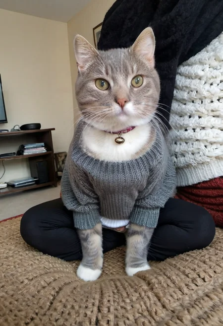 realistic photo, (sharp focus, highly detailed, 4k, 8k, best quality, masterpiece, ultra highres:1)m <lora:fpz:0.88>, fpz, 1cat, cat, wearing a turtleneck sweater, wearing yoga pants