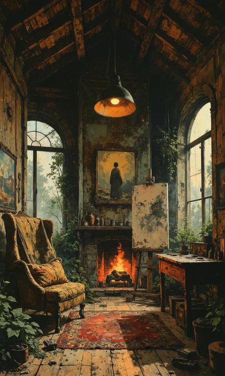 High-ceiling woodland studio, rustic wooden beams, soft ambient lighting, vintage tufted armchair, cozy woolen throw, artistic easel with a half-finished painting, light wood furniture, lush greenery, oak floorboards, large windows letting in diffused natural light, earthy color palette, intricate design details, inviting and inspiring atmosphere, scattered art supplies, fireplace glow, textures of canvas and plush fabrics, surrounded by nature <lora:Niji V2B:0.2> <lora:Luminous_Shadowscape-000016:0.6> <lora:Improved Amateur Realism:0.2> <lora:Mezzotint_Artstyle_for_Flux_-_by_Ethanar:0.5> <lora:flux_dev:1>