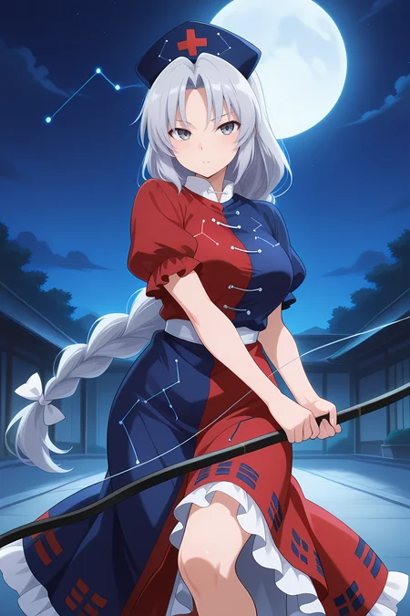 absurdres, highres, masterpiece, best quality, amazing quality, official anime artwork, screencap, anime screencap, outdoors, looking at viewer, 
 <lora:Eirin-Yagokoro_Illustrious:1> yagokoro eirin, 1girl, solo, grey eyes, grey hair, very long hair, braided ponytail,, nurse cap, constellation print, multicolored dress, red dress, blue dress, puffy short sleeves, frilled dress, holding bow, arrow, 
night, fighting stance, moon,