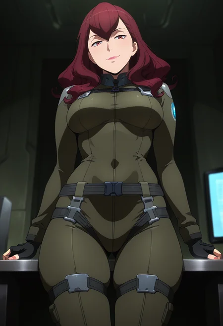 masterpiece, best quality, amazing quality, 1girl, solo, cowboy shot, femieanneww, mature female, red eyes, red hair, long hair, curly hair, hair between eyes, lipstick, aldnoahsuit, bodysuit, neck guard, breasts, black fingerless gloves, black combat boots, looking at viewer, smile, indoors, skindentation, detailed clothing folds, depth of field, sharp, high contrast, dynamic light <lora:Aldnoah_Zero_Femieanne_ill:1>