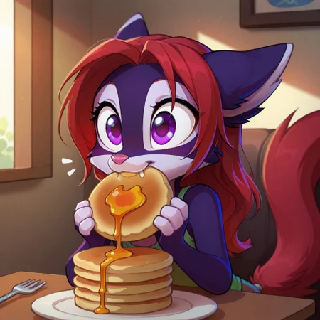Dreamkeepers,Indi_and_Digo,1girl,solo,furry,tail,source_furry,,red hair,purple fur, purple eyes,masterpiece,
kid, child,
solo, indoors, pancakes, eating, fork, syrup, cute, long_hair, happy_expression, warm_lighting, delicious, fluffy_food, soft_focus, cozy, detailed_background