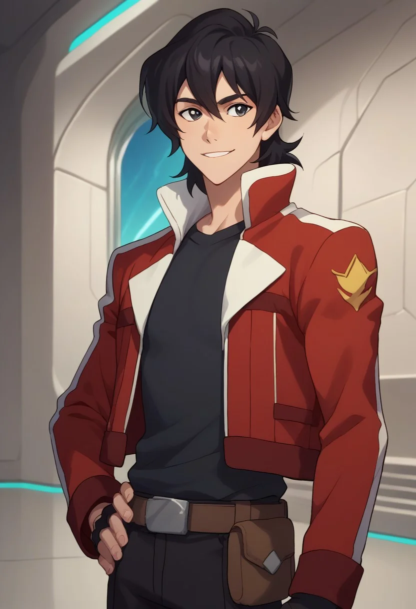 score_9, score_8_up, score_7_up, source_anime, highly detailed,
keith, 1boy, solo, male focus, fingerless gloves, gloves, hand on hip, black hair, black eyes, medium hair, jacket, red jacket, smile, belt, pouch, upper body,
indoor, aerospace base