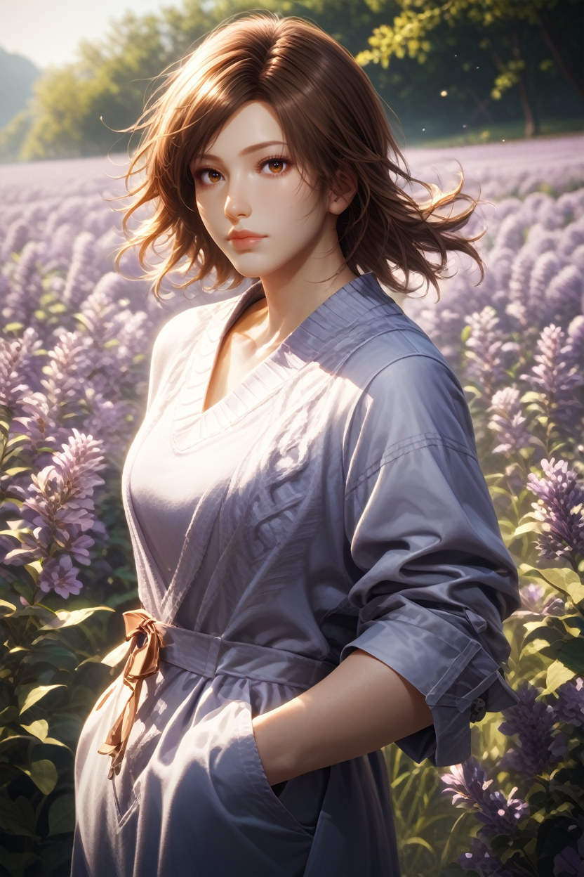 score_9, score_8_up, score_7_up, 
<lora:T8Asuka:1.0>
T8Asuka, solo, 1girl, brown hair, brown eyes, looking at viewer, standing in a field of lavender, hands in pockets, slight breeze blowing hair, warm golden hour sunlight, serene and peaceful mood