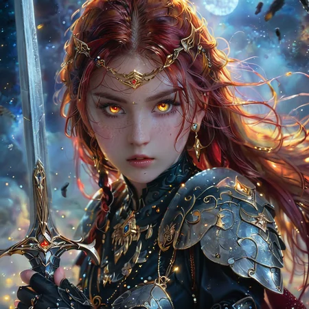 masterpiece,high resolution,8k,
<lora:celestial_warriorXL:0.8>,celestialwarrior, overalldetail,facedetail,eye detail,
1girl, jewelry, long hair, solo, earrings,face focus,holding glowing sword,red hair,yellow eyes