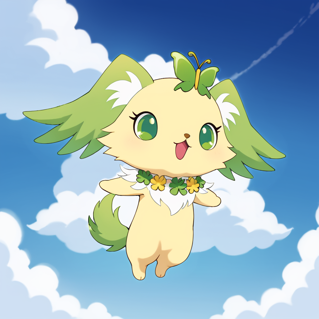 score_9, score_8_up, score_7_up, source_furry, solo, furry, no humans, jpperidot, chibi, feral, 3 toes, green winged ears, yellow fur, yellow body, green tail, white inner ear fluff , green butterfly clip, white chest fur, flower garland around neck, green eyes, smile, looking at another, open mouth, spread arms, split legs, flapping ears, flying, in blue sky, detailed background, cloud, (from below) <lora:jp_Peridot_Pony:1>