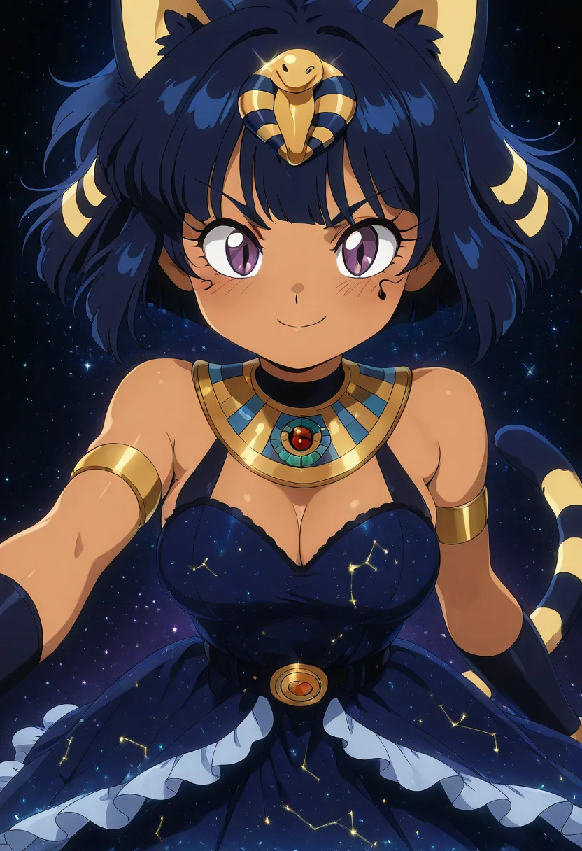 masterpiece, best quality, solo, curvy, beautiful eyes, narrow waist, wide hips, 1girl, solo, smile, looking at viewer, dynamic angle, foreshortening, close up, SilkStarsCitron, blue dress, starry sky print, bare shoulders, frilled dress, sleeveless dress, constellation, star (sky), , <lora:SilkStarsCitron_IXL:1.0>, <lora:CuteRetroStyle_IXL_v1:1.2>, BREAK, zzAnkha, animal crossing, animal ears, armlet, bare shoulders, belt, blonde hair, blue hair, blunt bangs, blunt ends, bob cut, cat ears, cat girl, cat tail, cropped, daniel deng, dark skin, dress, eye of horus, eyelashes, eyes visible through hair, facial tattoo, humanization, purple eyes, shiny skin, short hair, slit pupils, tattoo, usekh collar, white dress, <lora:AnkhaIXL:1.0>,