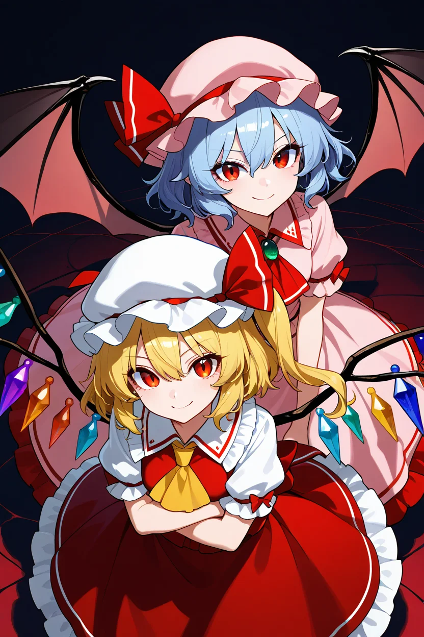 masterpiece, best quality, 21 year old model, eyelashes, (beautiful eyes), ,,,2girls, zzRemilia, red eyes, blue hair, short hair, hat, ribbon, wings, ascot, hat ribbon, pink dress, bat wings, short sleeves, frills, puffy sleeves, zzFlandre, red eyes, blonde hair, one side up, hair between eyes, wings, ascot, red skirt, hat ribbon, short sleeves, puffy sleeves, mob cap, red shirt, <lora:ScarletSistersIXL_v1:1.0>, from above, dynamic pose, cowboy shot, smile, looking at viewer, shiny skin,