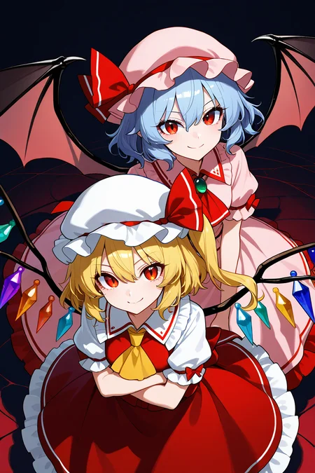 masterpiece, best quality, 21 year old model, eyelashes, (beautiful eyes), ,,,2girls, zzRemilia, red eyes, blue hair, short hair, hat, ribbon, wings, ascot, hat ribbon, pink dress, bat wings, short sleeves, frills, puffy sleeves, zzFlandre, red eyes, blonde hair, one side up, hair between eyes, wings, ascot, red skirt, hat ribbon, short sleeves, puffy sleeves, mob cap, red shirt, <lora:ScarletSistersIXL_v1:1.0>, from above, dynamic pose, cowboy shot, smile, looking at viewer, shiny skin,