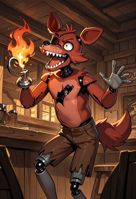 masterpiece, best quality, amazing quality, very aesthetic, absurdres, newest, detailed background, foreground blur, (( cartoon )),
foxy, animal ears, 1boy, solo, sharp teeth, eyepatch, pirate hook, joints, animatronic, brown ripped shorts, , grey legs, thin legs,
dynamic pose, angry, hand on fire, waving hand, looking at hand, restaurant background,