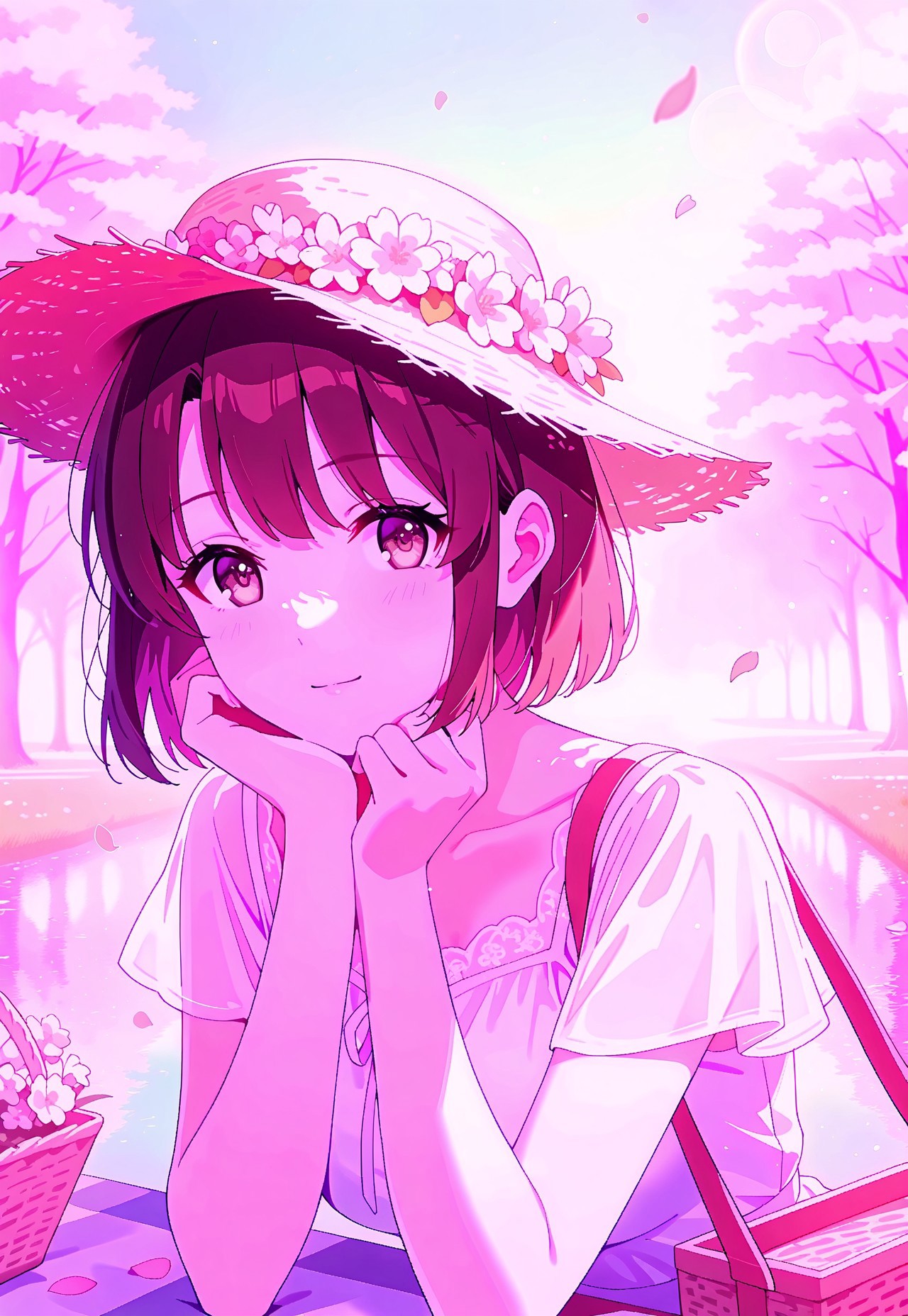 safe_pos, 1girl,Megumi <lora:IL-KatoMegumi:0.8>,brown hair,katou megumi,brown eyes,medium breasts,short hair, 

original, soft smile, floral background, vintage parasol, solo, summer dress, straw hat, sundress, aesthetic vibes, pastel theme, picnic basket, flower petals, upper body, light breeze, hair ornament, water reflection, sunglasses, cherry blossoms, soft sunlight, shoulder bag, ribbon on hat, jewelry, white dress, translucent fabric, hand resting on chin, bokeh background, sky gradient,

masterpiece,best quality,high quality,good quality,newest,((detailed eyes))