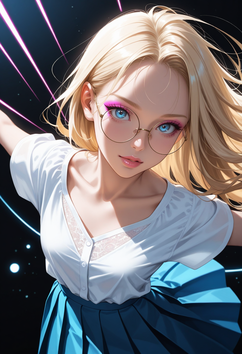 depth of field, focused subject, ((dynamic angle)), sexy pose, best quality, detailed eyes, perfect eyes, realistic eyes, 
blonde hair, pink highlights, loose curls, long hair, blue eyes, ((full lips)), (mascara), pink makeup, (round glasses), 
slim body, small ass, small breast, 
white blouse, 
long skirt, blue skirt, pleated skirt, 
BREAK, 
dynamic pose, 
movie perspective, black background, neon lines, neon circles, neon light, abstract background, dark background, ((dynamic lights))