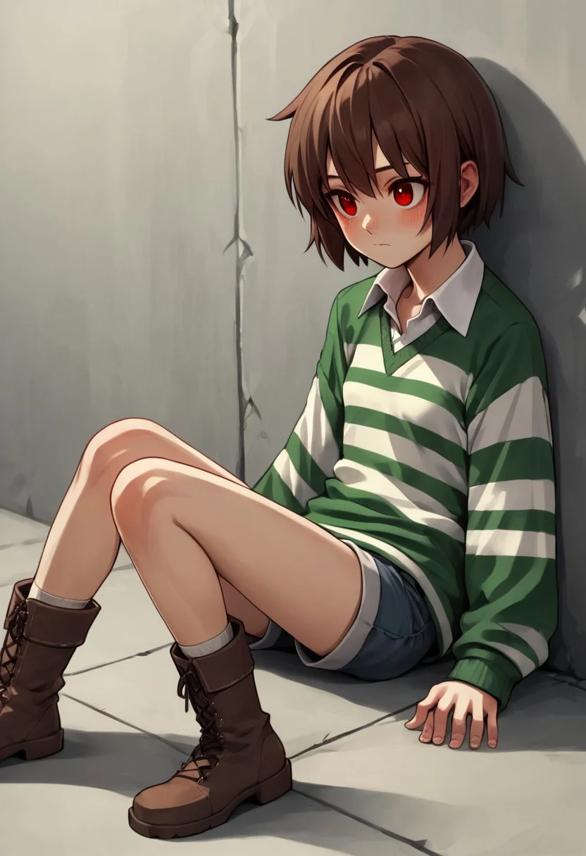 Chara,canon, striped sweater, shorts, red eyes, brown hair, short hair, boots, blush, locket, scoop neck, collared, red eyes, small breasts, young, skinny, source_anime,score_9, score_8_up, score_7_up,1girl, solo,