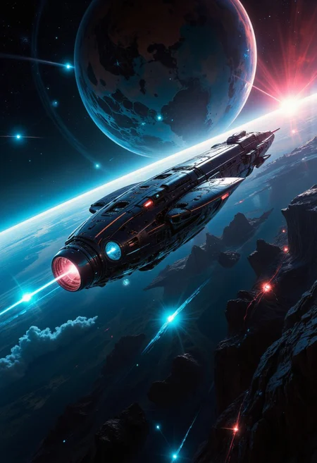 A solitary, colossal (advanced spaceship:1.2), its bright long hull , flying rapidly through a vast, cosmic void. The spaceship, a marvel of advanced technology, is bathed in the ethereal glow of distant nebulae. Its surface shimmers with energy particles, reflecting the celestial bodies that surround it. The ship's silhouette, illuminated by the cold, blue light of its engines, is a stark contrast against the inky blackness of space. The scene is both awe-inspiring and unsettling, a testament to the vastness of the universe and the fragility of human existence. The painting should be rendered in a hyperrealistic style, with a focus on intricate details and dramatic lighting. A predominantly fluorescent cyan and neon red color palette should be used to create a cyberpunk aesthetic. best quality,masterpiece, (close-up),viewed diagonally from the front,(low angle:1.2),highly visible,godrays,bright lit,zoomed,dynamic composition,award-winning,hdr,in motion,motion lines, motion blur, 
, UHD, lots of fine detail,award-winning,hdr, high resolution,hard scifi,technology,Robert McCall,John Berkey,Chris Moore