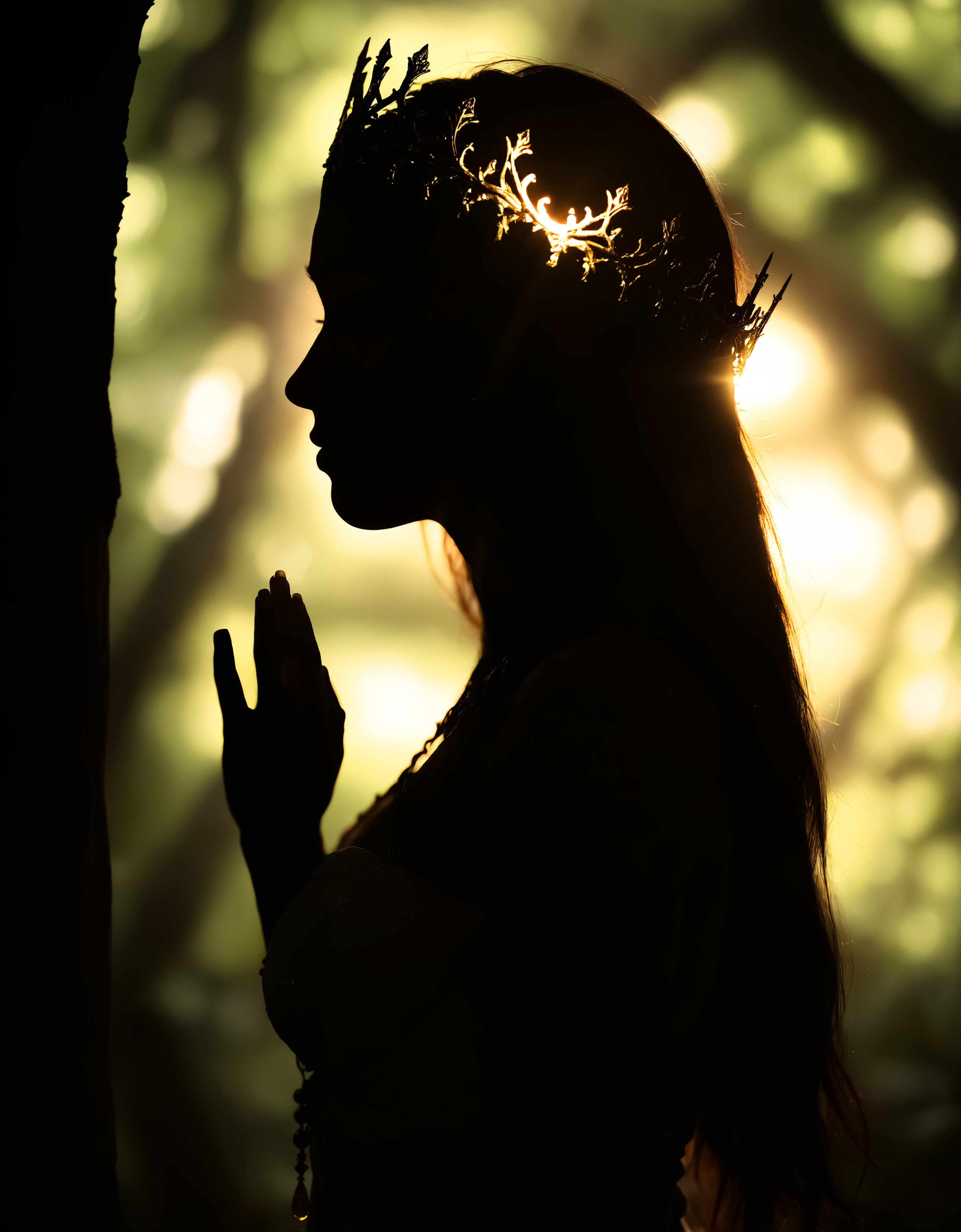 zavy-slhtt, silhouette of a priestess in front of holy light in druid glade bathed in holy light, portrait, macro, close-up, 100mm f/2.8 macro lens,