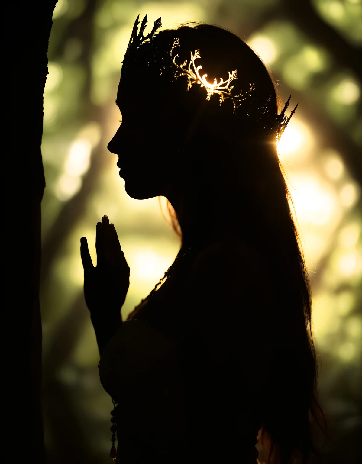 zavy-slhtt, silhouette of a priestess in front of holy light in druid glade bathed in holy light, portrait, macro, close-up, 100mm f/2.8 macro lens,