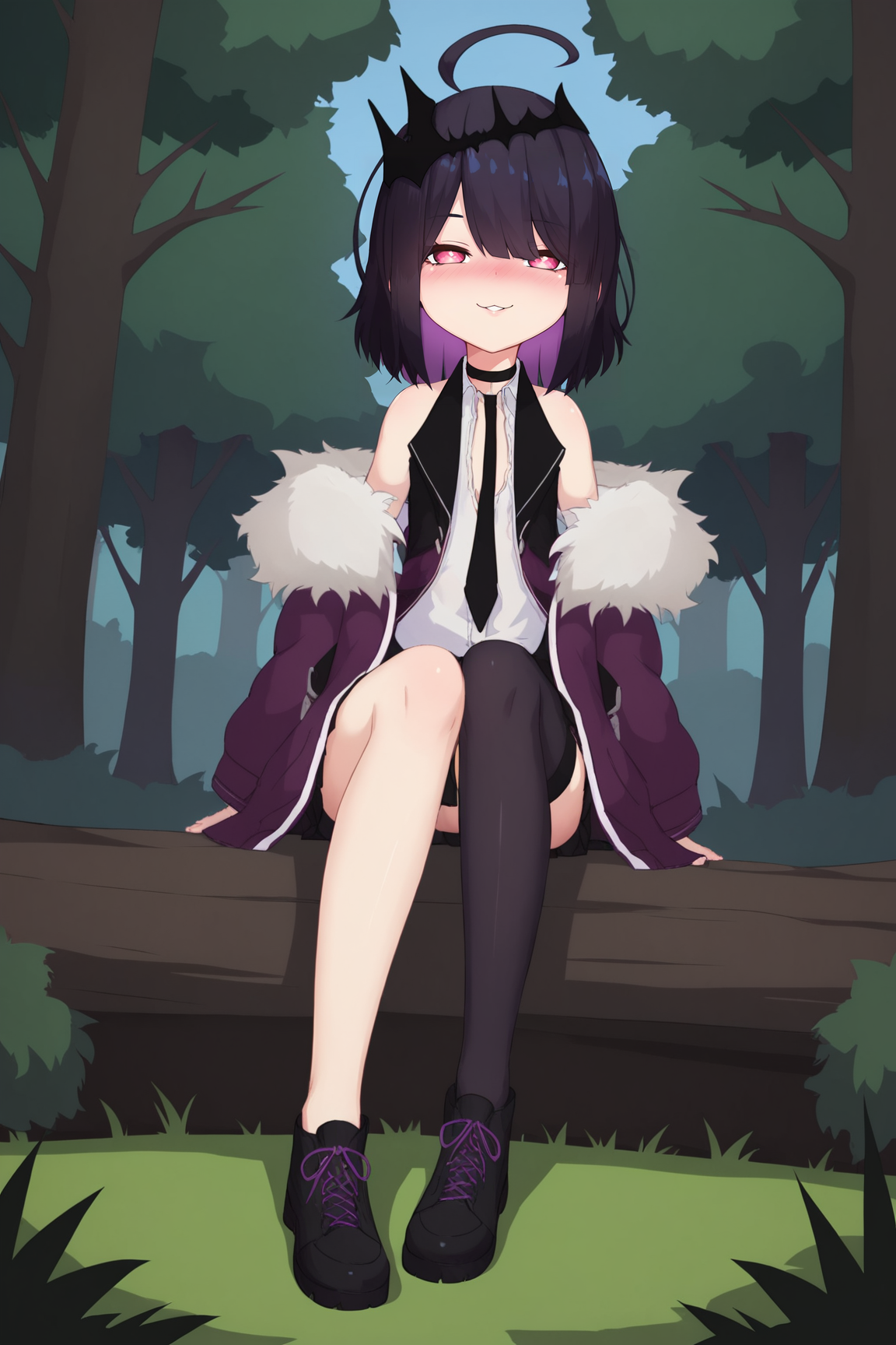 score_9, score_8_up, score_7_up, score_6_up, BREAK, AnniePrincessuGoticaVTPXL, pink eyes, black hair, purple hair, colored inner hair, medium hair, bangs, ahoge, black crown, flat chest, bare shoulders, black choker, black necktie, fur trim, purple jacket, white shirt, open clothes, miniskirt, black skirt, pleated skirt, single thighhigh, uneven legwear, black shoes, solo, full body, sitting, ((bellow view)), seductive smile, looking at viewer, naughty face, nose blush, forest, tree <lora:AnniePrincessuGoticaVTPXL:0.9>