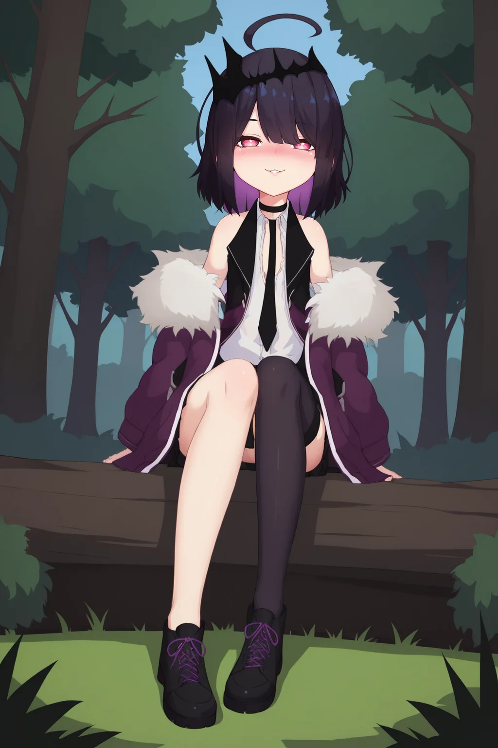 score_9, score_8_up, score_7_up, score_6_up, BREAK, AnniePrincessuGoticaVTPXL, pink eyes, black hair, purple hair, colored inner hair, medium hair, bangs, ahoge, black crown, flat chest, bare shoulders, black choker, black necktie, fur trim, purple jacket, white shirt, open clothes, miniskirt, black skirt, pleated skirt, single thighhigh, uneven legwear, black shoes, solo, full body, sitting, ((bellow view)), seductive smile, looking at viewer, naughty face, nose blush, forest, tree <lora:AnniePrincessuGoticaVTPXL:0.9>