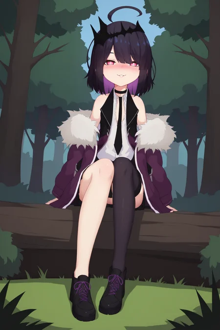 score_9, score_8_up, score_7_up, score_6_up, BREAK, AnniePrincessuGoticaVTPXL, pink eyes, black hair, purple hair, colored inner hair, medium hair, bangs, ahoge, black crown, flat chest, bare shoulders, black choker, black necktie, fur trim, purple jacket, white shirt, open clothes, miniskirt, black skirt, pleated skirt, single thighhigh, uneven legwear, black shoes, solo, full body, sitting, ((bellow view)), seductive smile, looking at viewer, naughty face, nose blush, forest, tree <lora:AnniePrincessuGoticaVTPXL:0.9>
