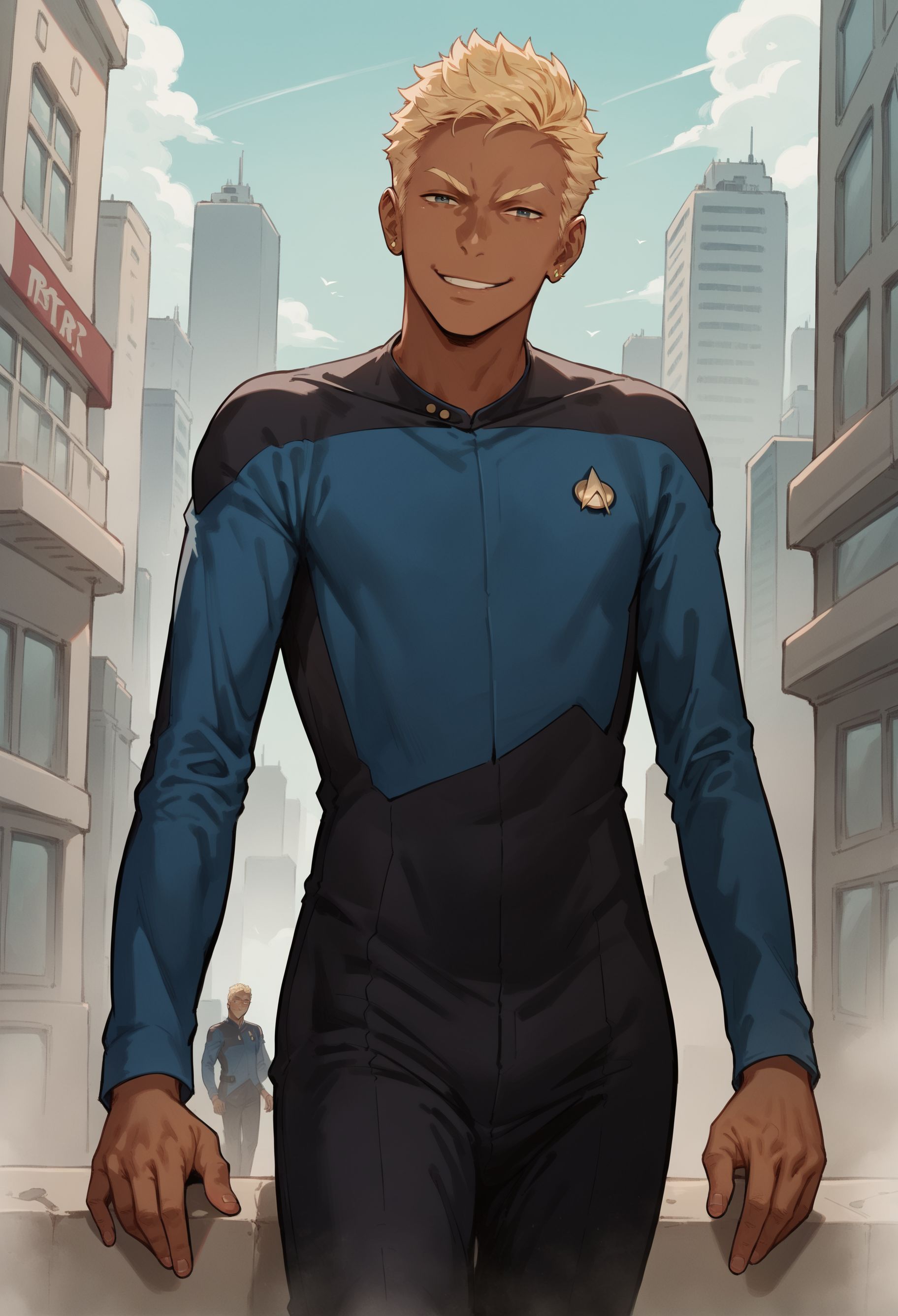 score_9, score_8_up, score_7_up, 1boy, <lora:Apollo_Mentaiko:0.8>, solo, Apollo, blonde hair, blonde eyebrows, dark skin, earrings, smirk, standing, looking at viewer, outdoors, city,
sttng1,star trek blue uniform,black shoulders,black pants,long sleeves,blue and black jumpsuit,
,<lora:TNGS1-000030>
