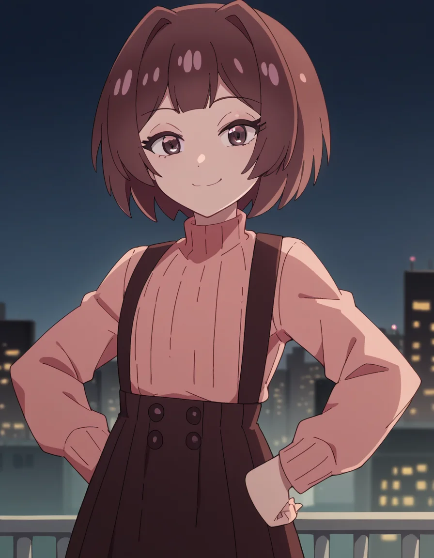 score_9, score_8_up, score_7_up, source_anime, <lora:sakura-sonoue-s1-ponyxl-lora-nochekaiser:1>, sakura sonoue, short hair, bangs, brown hair, brown eyes, hair intakes, bob cut,, skirt, long sleeves, sweater, suspenders, high-waist skirt, brown skirt, suspender skirt, pink sweater, city skyline, rooftop view, night time, city lights, quiet reflection, smile, looking at viewer, smug, hands on hips,, solo,, cowboy shot, dutch angle