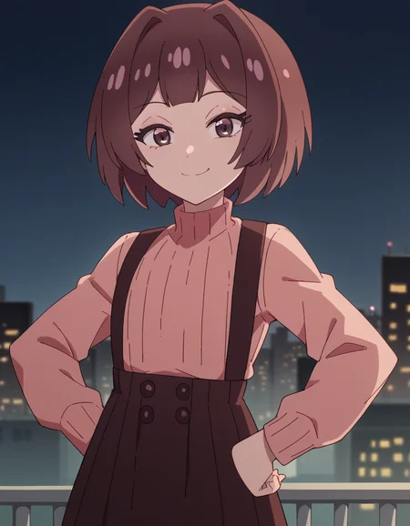 score_9, score_8_up, score_7_up, source_anime, <lora:sakura-sonoue-s1-ponyxl-lora-nochekaiser:1>, sakura sonoue, short hair, bangs, brown hair, brown eyes, hair intakes, bob cut,, skirt, long sleeves, sweater, suspenders, high-waist skirt, brown skirt, suspender skirt, pink sweater, city skyline, rooftop view, night time, city lights, quiet reflection, smile, looking at viewer, smug, hands on hips,, solo,, cowboy shot, dutch angle