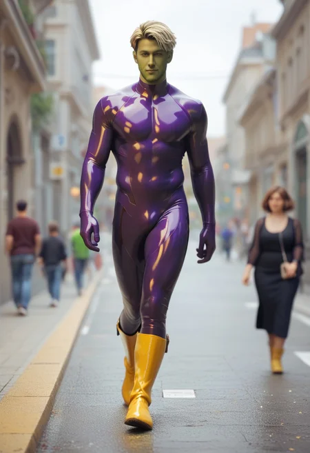 score_9, score_8_up, score_7_up, green face, mature, adult male, colored skin, superhero, latex, short blonde hair male, ((violet bodysuit)), violet superhero, yellow belt, yellow boots, walking, depth of field, 32k UHD resolution, best quality, high quality, full body