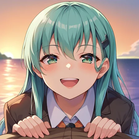 score_9, score_8_up, score_7_up, source_anime, suzuya (kancolle), hairclip, school uniform, POV, looking at viewer, blush, smile, open mouth, upper teeth only, sunset, ocean