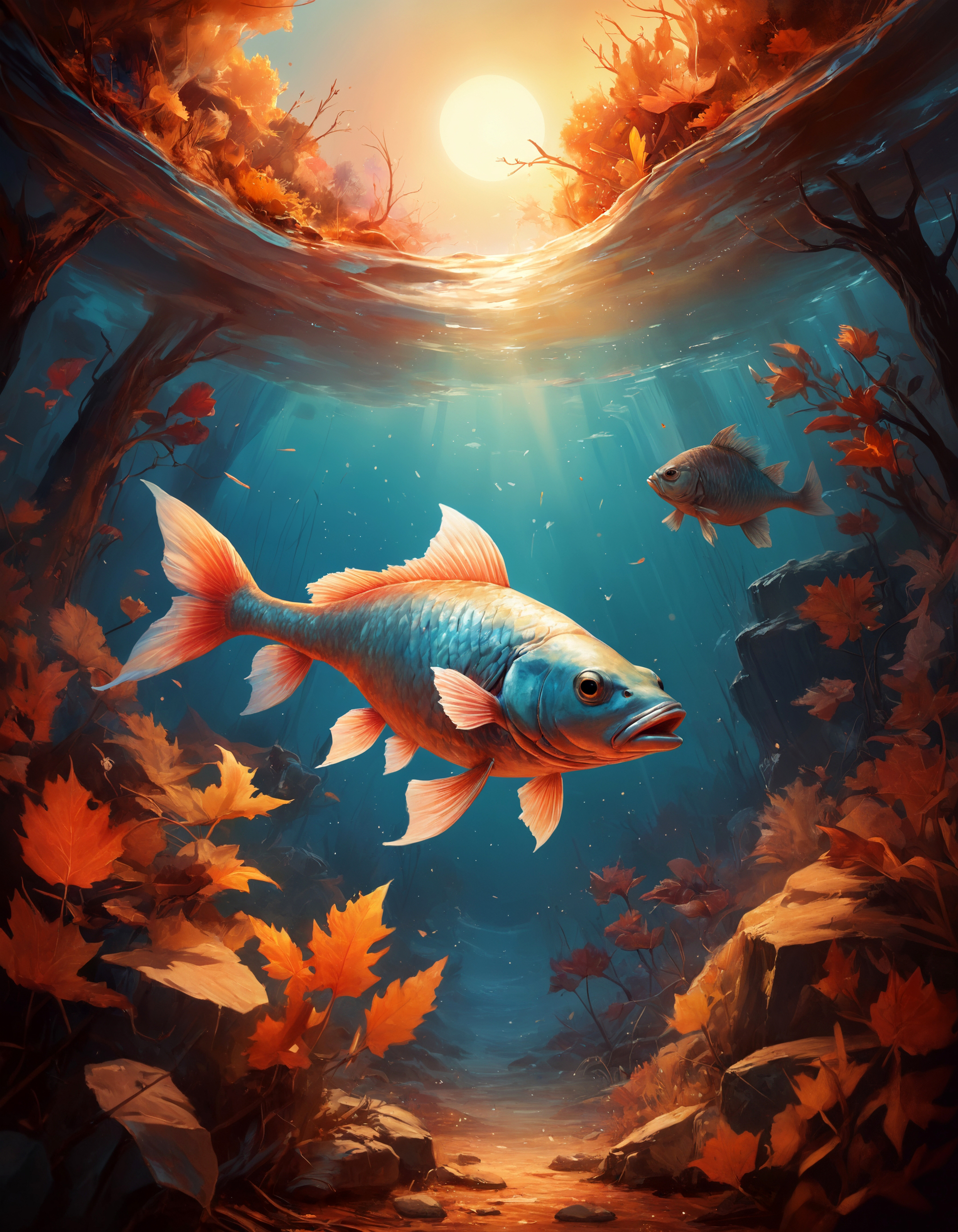 autumn, ink painting, acrylic, cute koifish, sunrise, 2d, flat, cute, adorable, vintage, art, fairytale, storybook detailed illustration, cinematic, ultra highly detailed, tiny details, beautiful details, mystical, luminism, vibrant colors, complex background, stunning, energy, molecular, textures, iridescent and luminescent scales, breathtaking beauty, pure perfection, divine presence, unforgettable, impressive, breathtaking beauty, volumetric light, auras, rays, vivid colors reflects, magnificent, celestial, ethereal, epic, magical, dreamy, chiaroscuro, atmospheric lighting, 