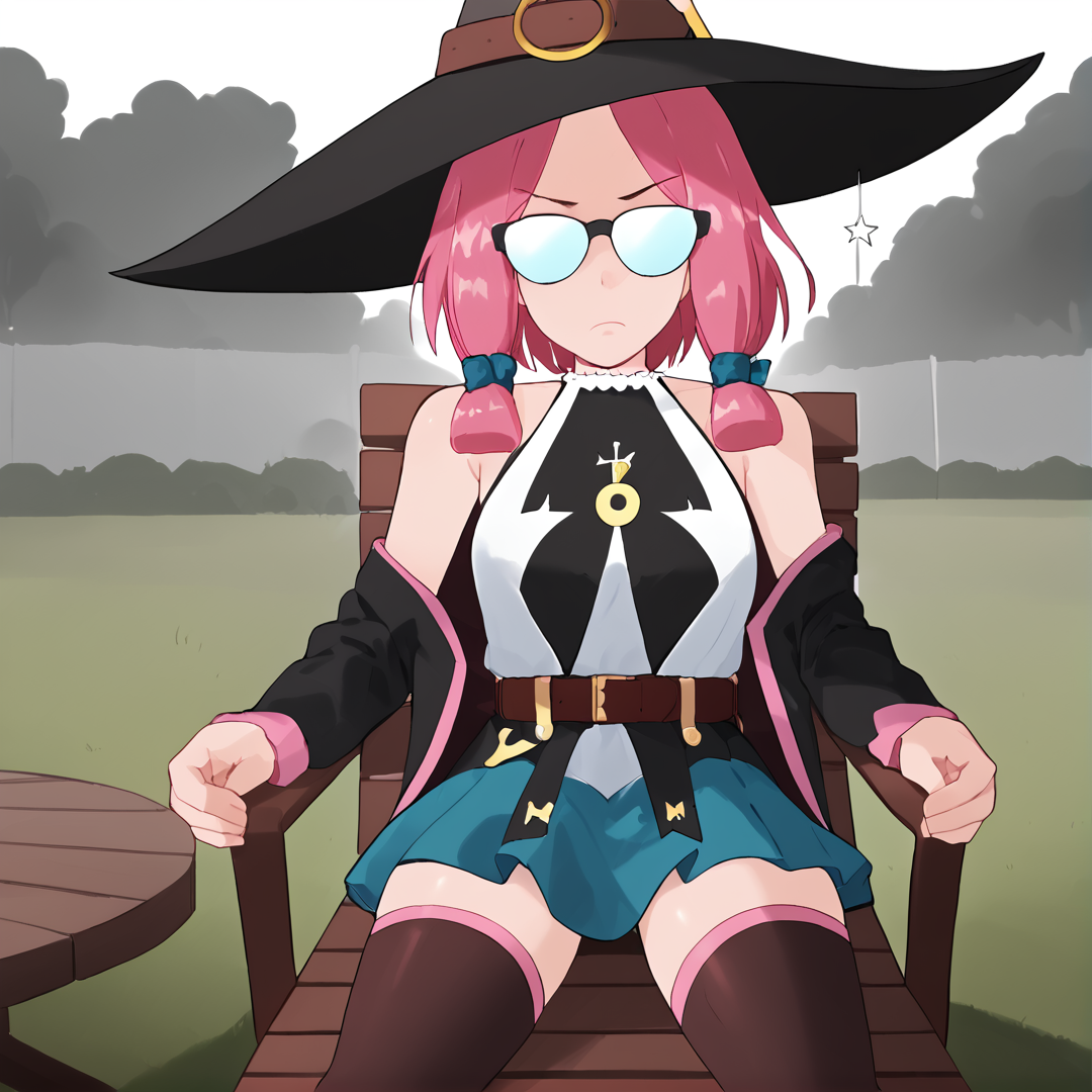 Masterpiece, high quality, score_9, score_8_up, score_7_up, highly detailed, dramatic lighting, volumetric lighting, multi-layered shading, 1girl, on back, lounge chair, resting, frown, (sunglasses:1.3), aviator sunglasses, spoken squiggle, spoken anger vein, rain, storm, backyard, grass, wooden fence, can, wet, <lora:PF11:1> pf11, pink hair, short hair, blue ribbons, hair tie, witch hat, thighhighs, black footwear, bare shoulders, star (symbol), pink choker, blue skirt, belt, black coat