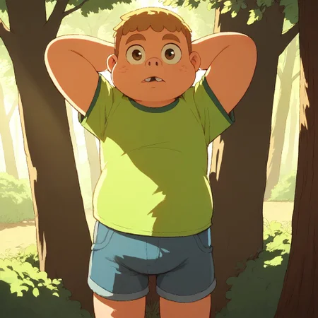 score_9, score_8, score_7, source style, break, solo, Clrnce, 1boy, brown hair, short hair, buck teeth, shirt, shorts, plump, hands behind head, looking at viewer, tree, sunlight, shadows, natural lighting