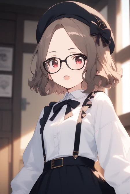 (score_9,score_8_up,score_7_up, ),<lora:GBC_TOMO_v2_pony-000030:1>,
GBC_TOMO,1girl,solo,hat,black suspender skirt,black headwear,black-framed eyewear,shirt,short hair,white shirt,long sleeves,brown hair,open mouth,black ribbon,beret,ribbon,bow,neck ribbon,standing,choker,frills,indoors,red eyes,looking at viewer,wavy hair,