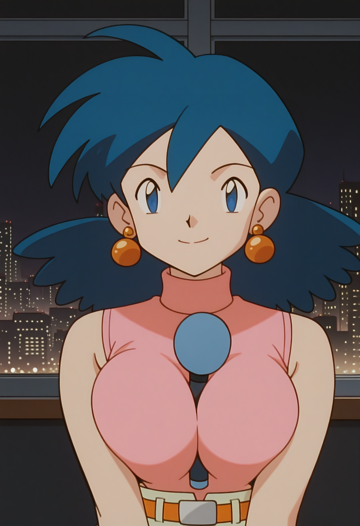 masterpiece,best quality,good quality, <lora:PMRep089:1>, PMRep089, 1girl, earrings, blue hair, flipped hair, blue eyes, breasts, large breasts, 
pink sleeveless turtleneck, orange belt, beige high-waist pants, wide-leg pants,
seductive smile, looking at viewer, upper body, microphone between breasts, breasts squeezed together, 
BREAK indoors, night, window, city lights, dark background,