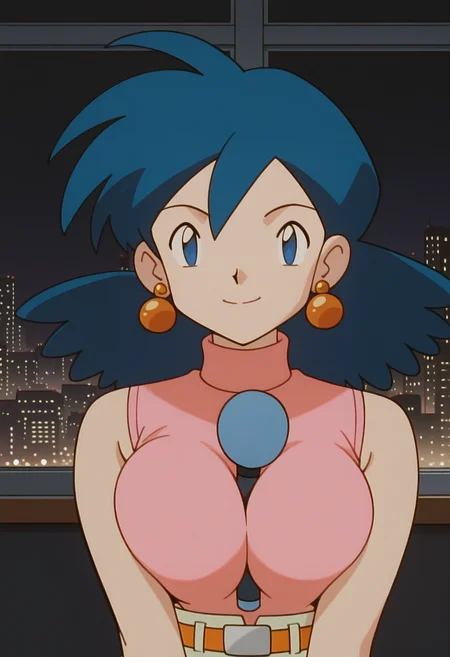 masterpiece,best quality,good quality, <lora:PMRep089:1>, PMRep089, 1girl, earrings, blue hair, flipped hair, blue eyes, breasts, large breasts, 
pink sleeveless turtleneck, orange belt, beige high-waist pants, wide-leg pants,
seductive smile, looking at viewer, upper body, microphone between breasts, breasts squeezed together, 
BREAK indoors, night, window, city lights, dark background,