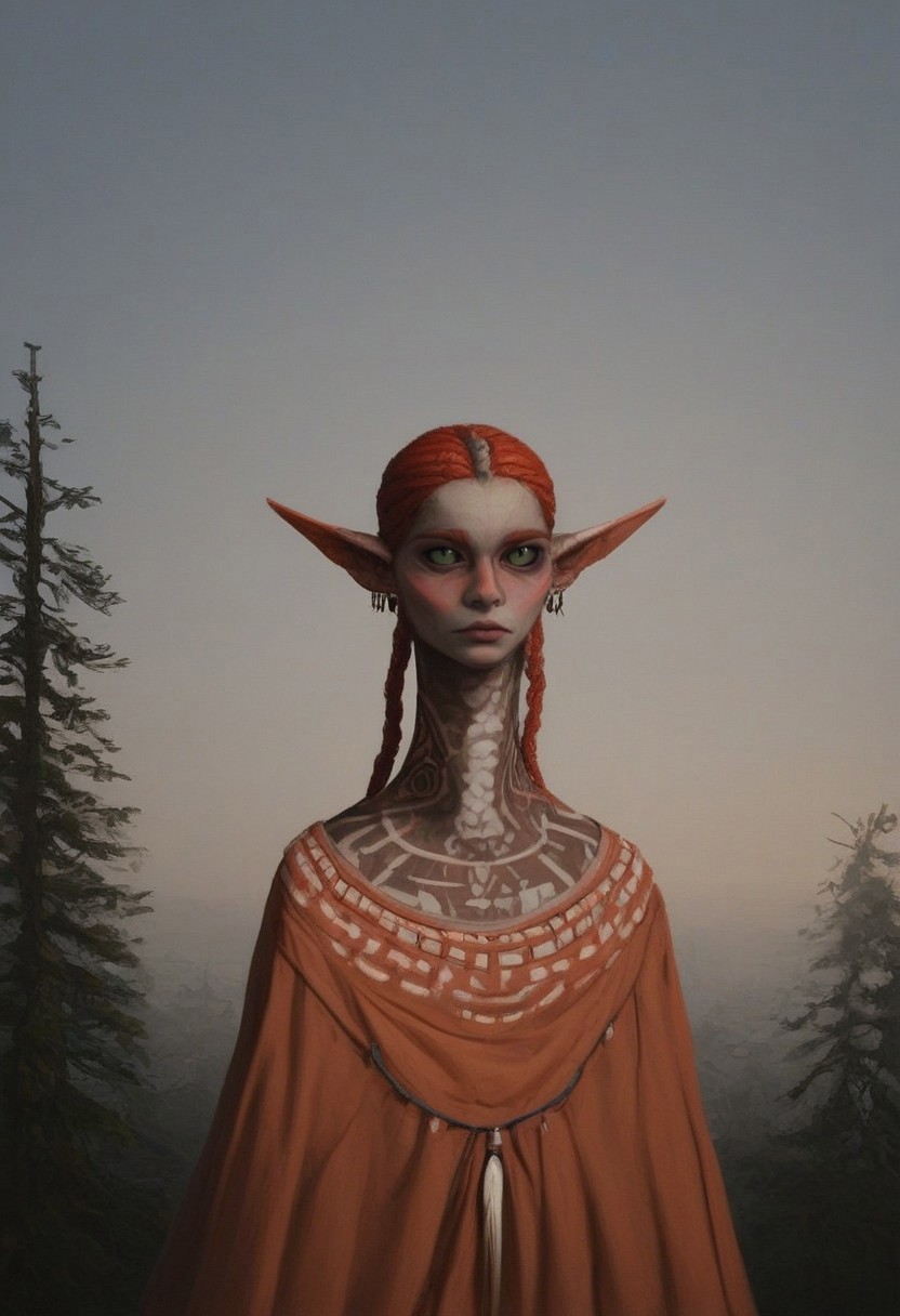  solo, bosmer, feminine, bosmer woman, bosmer ears, tall curved ears, cinematic focus, shadowy lighting, ultra-detailed, 60 years old, seasoned but graceful, sinewy and wiry, weathered yet striking, haunting beauty, yoruba features, mongolian features, faded tattoos, natural facial imperfections, sun-scorched ochre skin, battle-worn yet regal, tribal shaman attire, intricate beaded necklaces, wary and wise gaze, upper-body shot, sharp side glance, mysterious aura, asymmetric furs and leathers, flowing animal-hide robe, war beads in hair, short but thick wavy locks, carefully woven braids, dark gray sclera, metallic bronze snake pupils, glowing golden-green eyes, phosphorescent marshlands, twisted willow trees, drifting fog, mystical reflections on water, glowing fungi, dreamlike yet foreboding environment