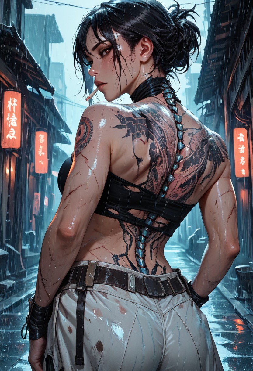 highres, very detailed, amazing quality, masterpiece,
very aesthetic,
particle effect, Cinematic, 
1girl, solo, toned, toned body, scars, slashed clothing, ripped clothing, holes in pants, Black hair, hair up, beautiful, exposed shoulders, exposed back, bionic spine, smoking, cigarette, strong face, angled face, brown eyes, female yakuza, cybernetic katana, bandage top, tube top, large breasts, looking at viewer, intense glint in eye, beautiful eyes, 
Back tattoo, Dragon back tattoo, 
hands in pockets, baggy pants, ancient pants, 
Raining, ancient Japanese street, 
Close up, cowboy shot, 
From behind, View from behind,