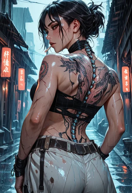 highres, very detailed, amazing quality, masterpiece,
very aesthetic,
particle effect, Cinematic,
1girl, solo, toned, toned body, scars, slashed clothing, ripped clothing, holes in pants, Black hair, hair up, beautiful, exposed shoulders, exposed back, bionic spine, smoking, cigarette, strong face, angled face, brown eyes, female yakuza, cybernetic katana, bandage top, tube top, large breasts, looking at viewer, intense glint in eye, beautiful eyes,
Back tattoo, Dragon back tattoo,
hands in pockets, baggy pants, ancient pants,
Raining, ancient Japanese street,
Close up, cowboy shot,
From behind, View from behind,