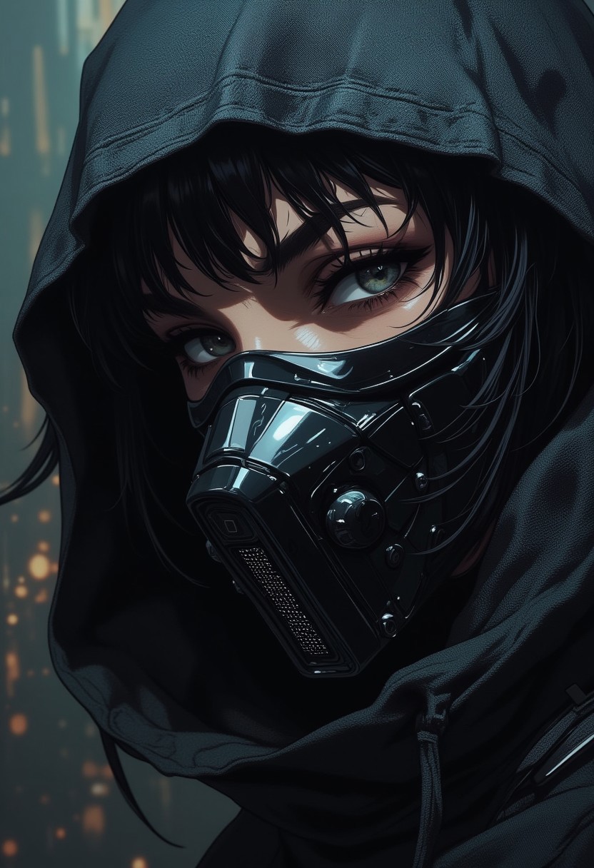 Close-up portrait of cyberpunk ninja "Phantom", her helmet placed aside revealing a partial face while maintaining an air of mystery
