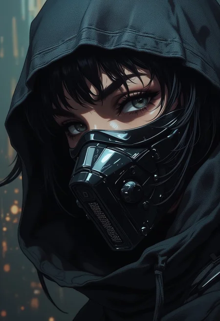 Close-up portrait of cyberpunk ninja "Phantom", her helmet placed aside revealing a partial face while maintaining an air of mystery