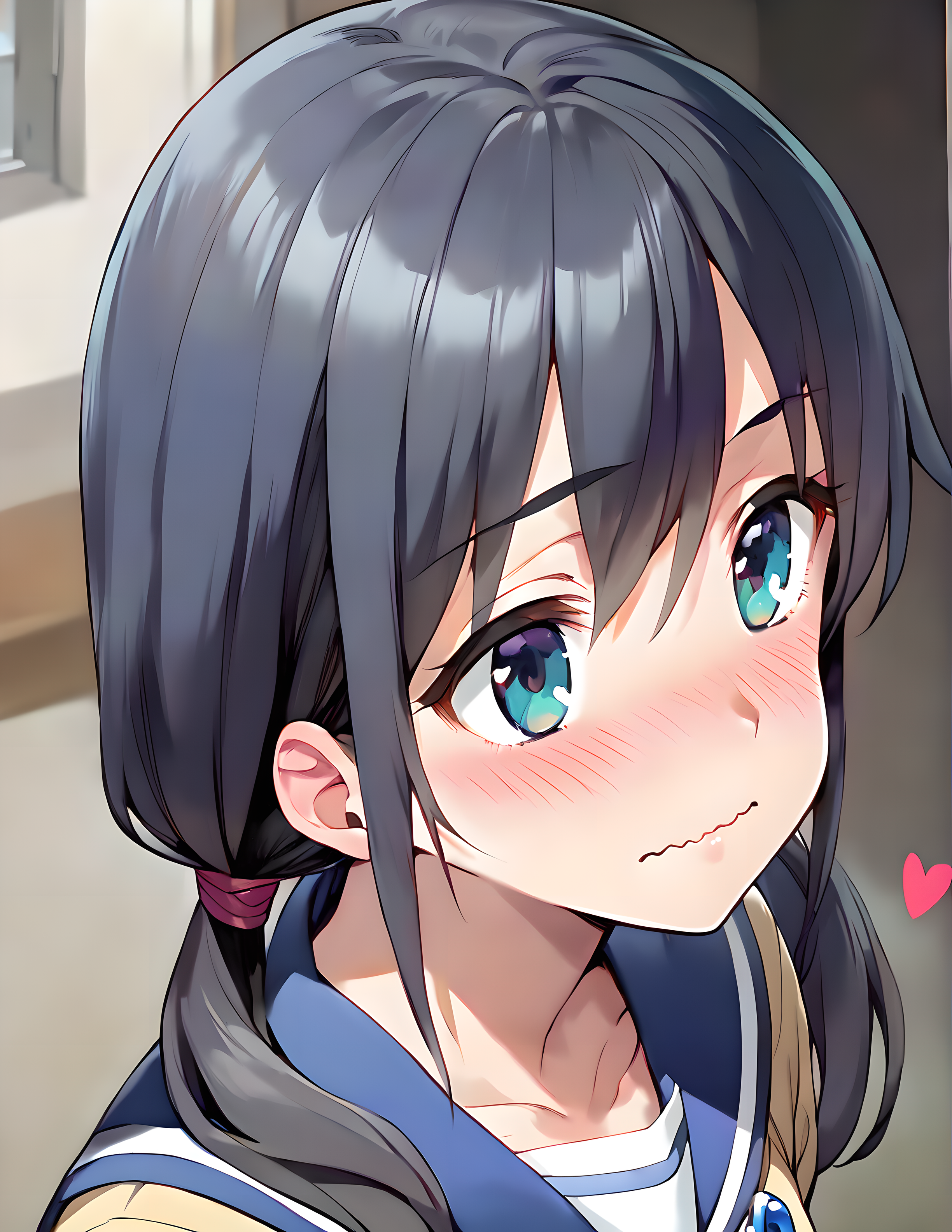 <lora:pony_xl_ayumi:0.8>,ayumi,score_9,score_8_up,score_7_up,source_anime,1girl,solo,school uniform,serafuku,long sleeves,ascot,take a look away from the viewer,school_uniform,:d,heart shape effect,eyes in the shape of a heart,face close-up,front view,looking in love,wavy mouth,blush,arms_behind_back,leaning_forward,