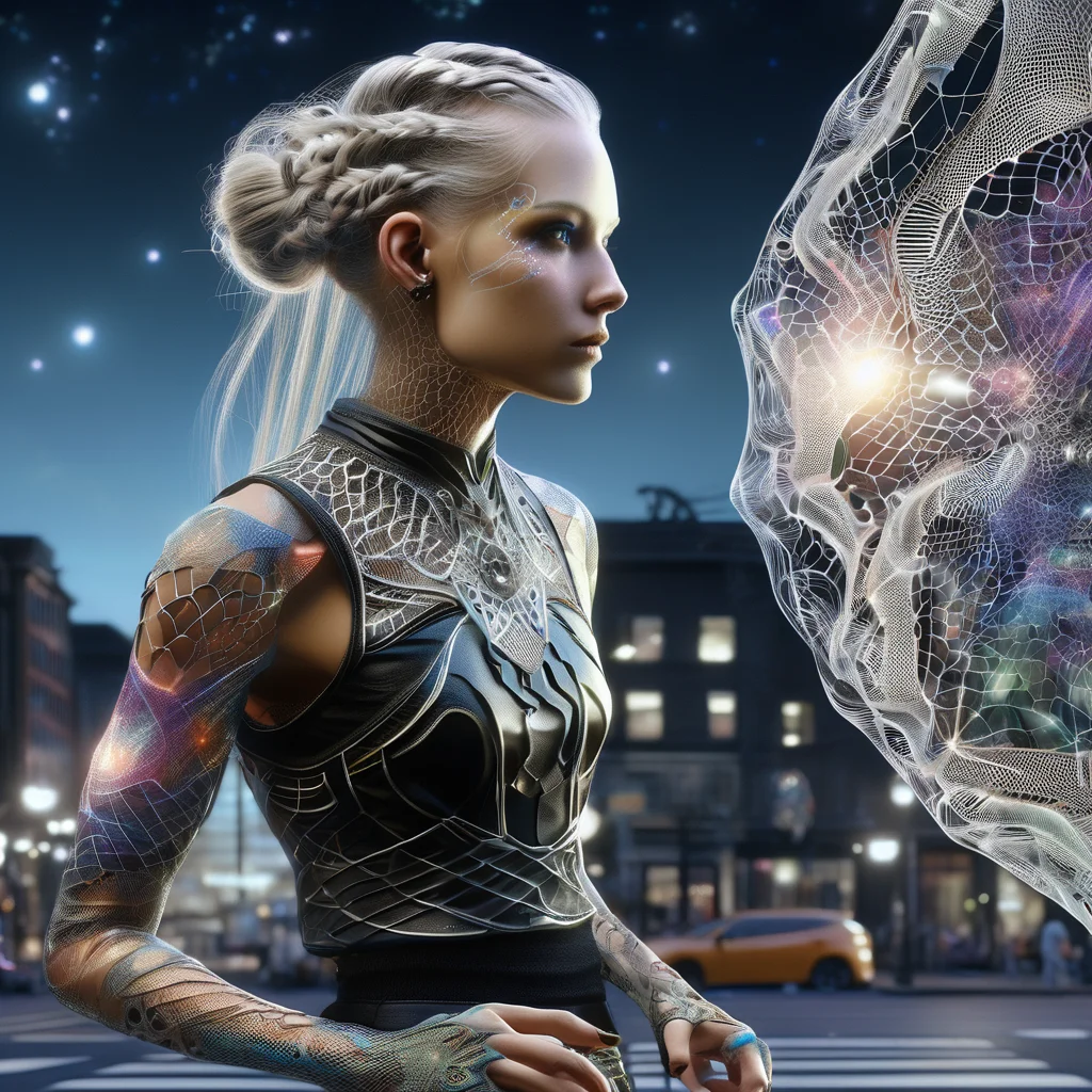 ((best quality)), ((masterpiece)), ((realistic,digital art)), (hyper detailed),DonMC0sm1cW3bXL,web,female Augmented Reality Street Artist, Nano-infused Mutants, Mutants with nanobots integrating into their bodies, granting extraordinary abilities, Middle-aged, Athletic, Berber, Light brown eyes,  Hawk-like Nose,   Chiseled Cheeks,  Round face shape,  Gothic makeup , Platinum Blonde Crown braid hair, Fear, Plasma-infused Flex, Character flexes their arms, showcasing plasma-infused muscles and emitting a faint glow,  wearing Olive  Embroidered  Rayon Neural Lace Skater Skirt,  Techno-Crop Top, Augmented Leather Oxfords, , ,,Neural Interface Gauntlet , Pensive Posture, Character stands with one hand on the chin, lost in thought or contemplation., <lora:DonMC0sm1cW3bXL-000009:1>