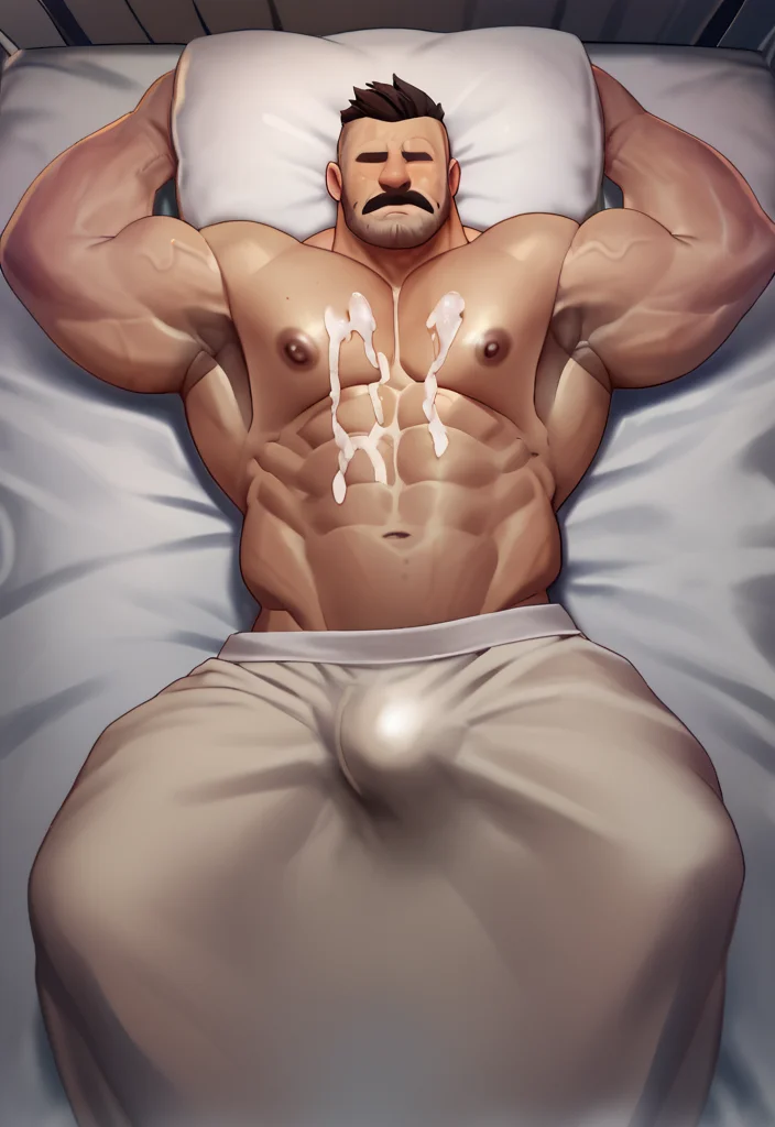 male focus, muscular, 1boy, sleeping, bed sheet, pillow, on back, cum on body, big pecs BREAK score_9, score_8_up, score_7_up, score_6_up, score_5_up, score_4_up <lora:dsharp-step00004000:1>