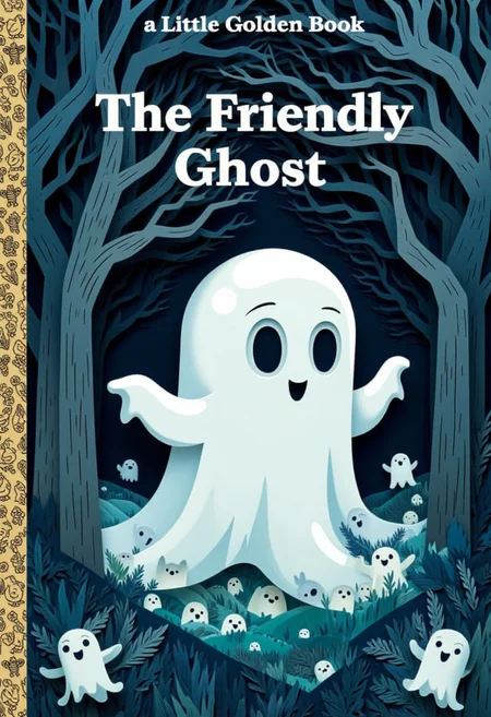 Paper quilling, The front cover of a book in the "a Little Golden Book" series titled "The Friendly Ghost", "a Little Golden Book" written just above the main title, layered paper scene of a cute chibi ghost with huge eyes flyling through a dark forrest, The left side of the cover is adorned with a golden decorative border with little ghosts
