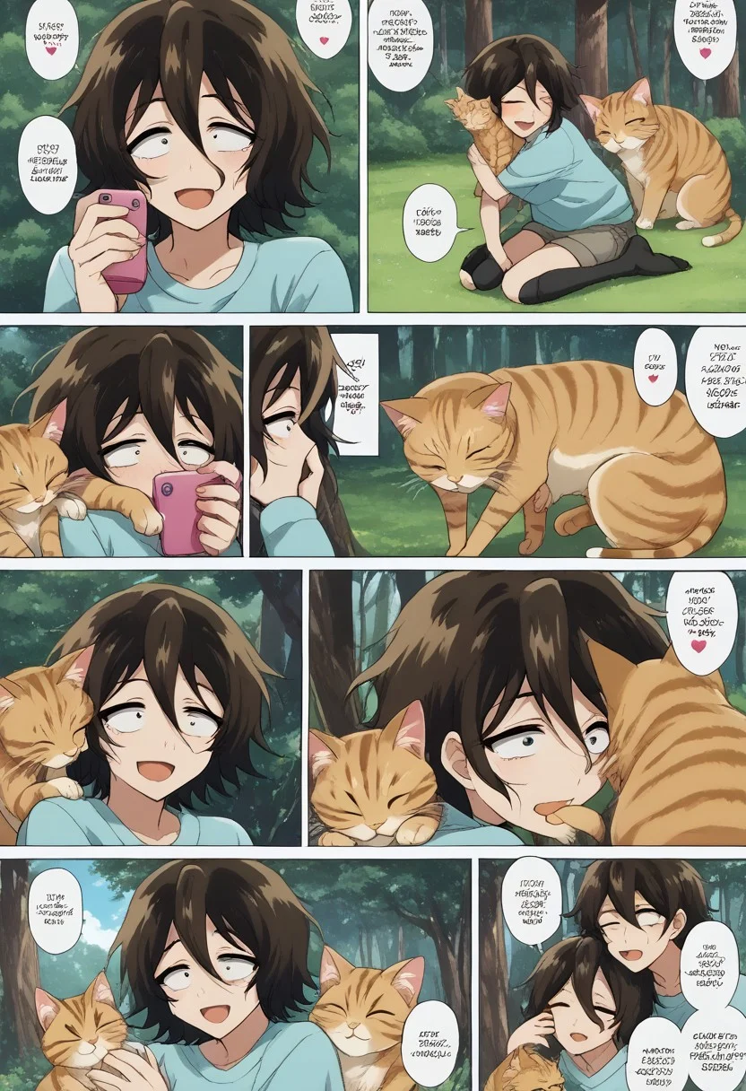 score_9, score_8_up, score_7_up, source_anime, BREAK
<lora:FComic_1to1000_Pony_V1:1>fcomic_1to1000_pony, (comic:1.25),
(Multi view, Frame, Text, speech bubble, frame, heart, trembling, focus line, vibrating line, comic expression, Sound effect)
1girl, cat, cute cat, cats, fluffy, cute, neko, kawaii, cuddling with cat, holding cat, joy, happy, animal, cute animal, woods, summer camp, trees, joy, happy,
<lora:akira-asai-s1-ponyxl-lora-nochekaiser:1>, akira asai, short hair, black hair, messy hair, bags under eyes, sanpaku, black eyes, hair between eyes, medium breasts,
,<lora:Everlasting_Summer_Vanilla_Backgrounds_by_GraffMetal:0.7>, <lora:Everlasting_Summer_Vanilla_Art_Style_by_GraffMetal:0.7>