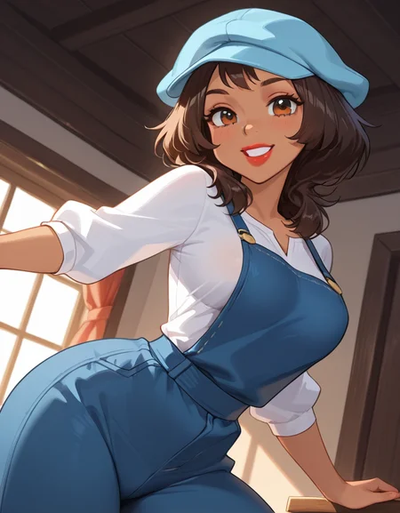 masterpiece, best quality, amazing quality, very aesthetic, absurdres, newest, detailed background, 4k, 8k, indoors, beautiful eyes, hyperdetailed, dynamic pose, dynamic angle,
audreyxd, 1girl, solo, dark-skinned female, medium hair, hat, lips, lipstick, brown eyes, white shirt, overall, cowboy shot, medium breasts, looking at viewer, grin, blushed,
<lora:Audrey_Ramirez_-_Disney_Illustrious:1>